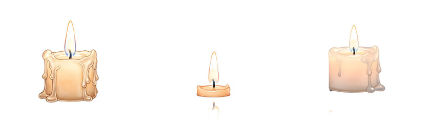 Three lit candles on transparent background