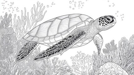 Swimming turtle in vibrant coral reef underwater scene line art illustration marine environment side view conservation concept
