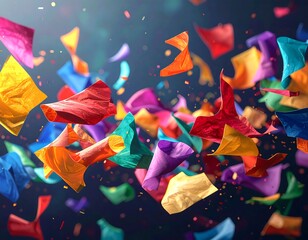 Colorful confetti explosion against a dark background, creating a joyful and celebratory atmosphere