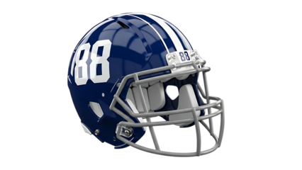 Blue football helmet with white stripes and number 88 on black