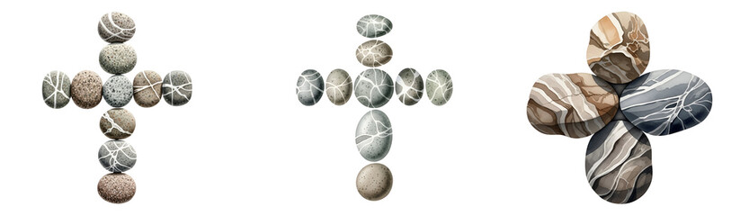 Three crosses made of small stones on a transparent background