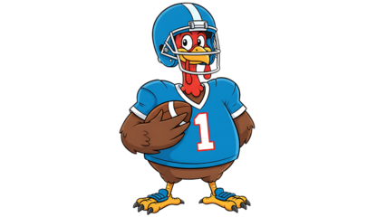 Cartoon turkey player in blue football uniform holding ball on black
