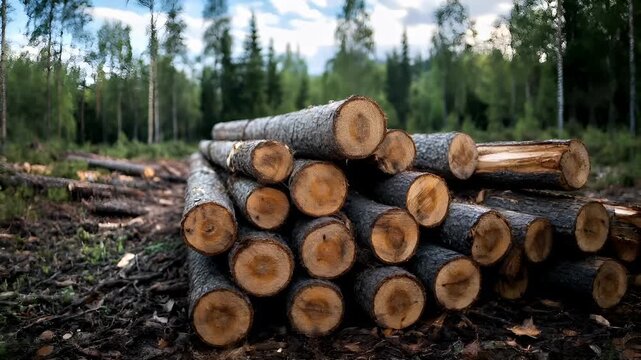 Deforestation. Environment conservation. Ecosystem. A closeup of a pile of freshly cut logs in a forested area. The logs are neatly stacked and appear to be freshly cut, with a rich, dark brown hue.