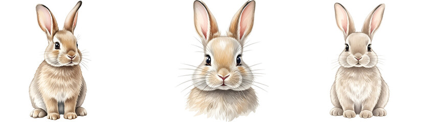 Three adorable rabbits sitting on transparent background