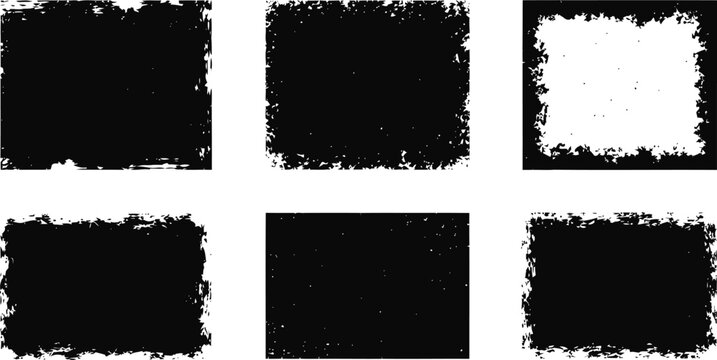 Set of six black and white distressed grunge textured frames with rough edges and speckled patterns