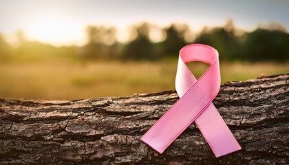 breast cancer awareness month pink ribbon on old tree trunk in sunny field