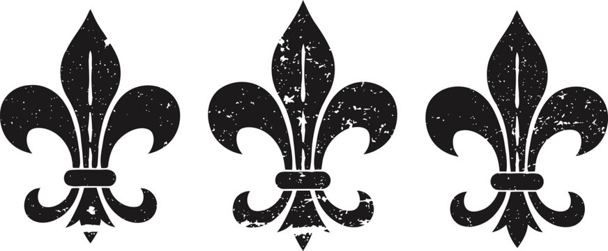 Three vintage fleur de lis symbols with textured distressed black design on white background