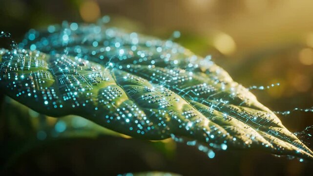 Futuristic green leaf with integrated circuit patterns, symbolizing technology and nature.