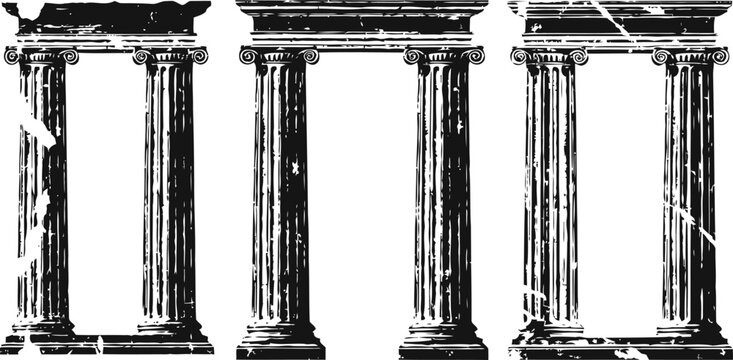 Three vintage ancient greek or roman columns with distressed texture and classical capitals