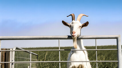 Dark Fantasy Illustration of Goat-Like Humanoid Creature with Red Eyes Behind Gate in Stormy Forest Setting