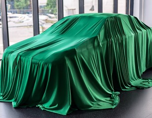 new car reveal draped in green fabric