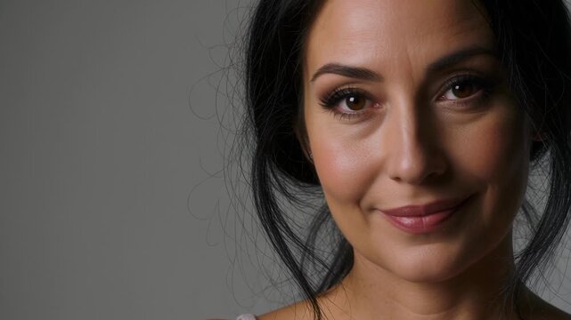 Close up portrait of beautiful Chilean woman with modern style posing in studio with neutral lighting, isolated face of latina female model looking at camera lens.