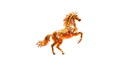 Obraz premium A dynamic and artistic depiction of a rearing horse rendered in vibrant golden hues with intricate patterns that evoke a sense of movement and energy against a stark white background.