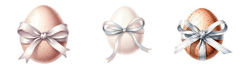 Three decorated Easter eggs with ribbons on transparent background