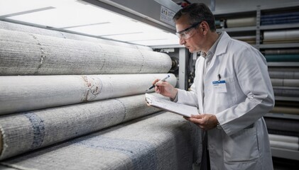 Textile quality specialist reviewing fabric rolls on a light board pinpointing defects and irregularities in woven materials.
