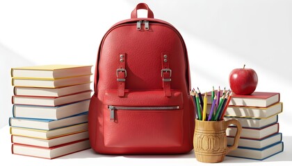 Vector illustration of a vintage red suitcase set with a school bag and books isolated on white for a back to school education concept