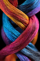 A close-up of colorful twisted ropes illuminated by light, creating a striking visual of energy and creativity.