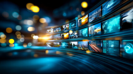 Vivid tapestry of digital screens displaying captivating visuals of urban landscapes and technological marvels