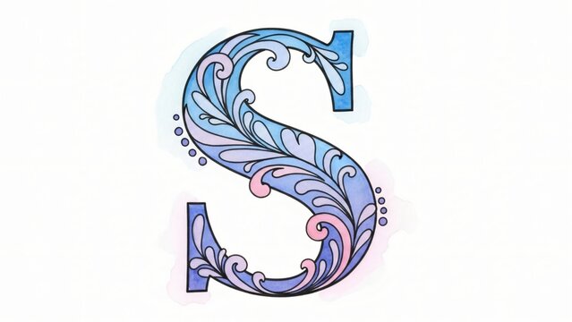 The letter is painted in blue and pink with floral pattern on.