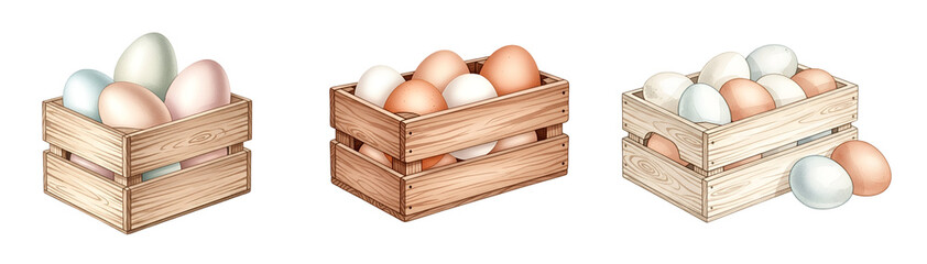Three wooden crates filled with eggs on transparent background