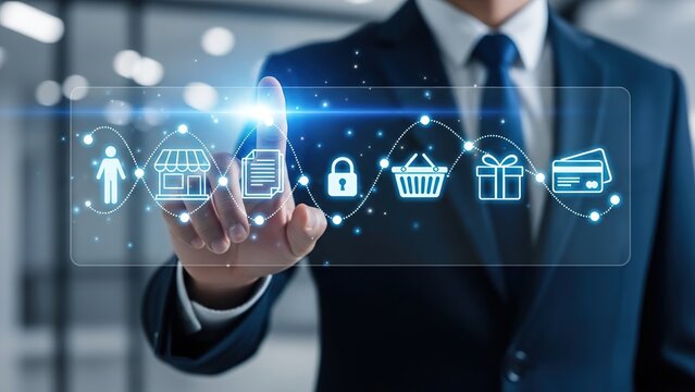 Businessman interacting with digital interface showcasing e-commerce security and online transaction process in a modern office environment with futuristic technology. - Powered by Adobe