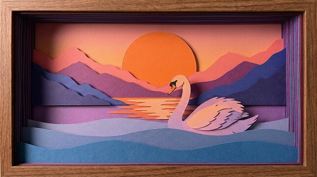 Immersive paper art diorama featuring a solitary swan gracefully gliding on a reflective lake, framed by a multi-layered mountain range and a warm, glowing sun