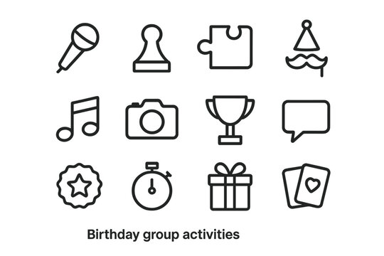 Birthday Icon Set. Birthday group activities. Line outline icon set of birthday group activities: karaoke mic,