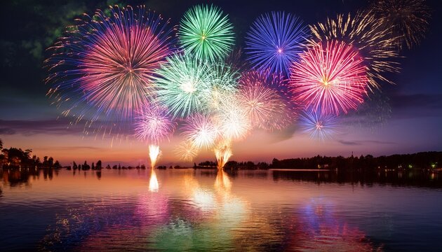 colorful fireworks display over water reflecting the light in the night sky celebration scene - Powered by Adobe