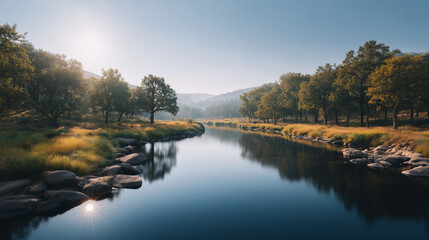 Bright sunlight reflecting off calm river, serene meadow and oak trees along grassy banks at sunrise, peaceful nature scene.