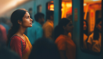 Young Indian woman in traditional sari commuting on a crowded train. Thoughtful female passenger traveling in the city. Modern South Asian urban lifestyle concept.