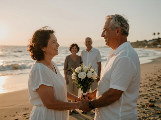 Couple Exchange Bouquet On Sunset Beach While Friends Watch And Smile