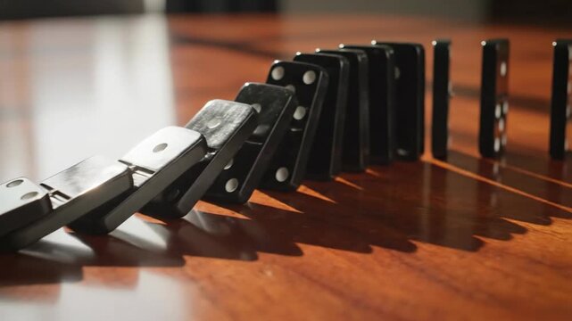 Domino Effect Action on Wooden Table, Close-Up View of Black Dominoes Falling, 4K Stock Footage Capturing Sequence and Motion Dynamics Indoors