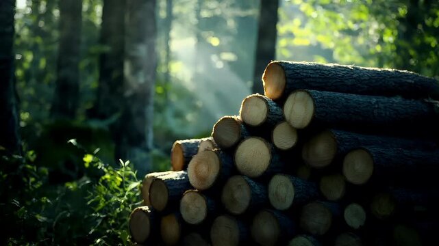 Deforestation. Environment conservation. Ecosystem. A closeup of a stack of logs in a forest setting. The logs are dark brown with visible wood grain patterns.