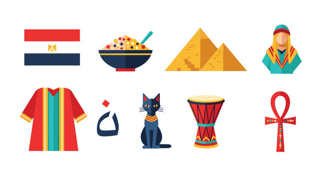 Collection of Egyptian cultural symbols and landmarks in a flat design style