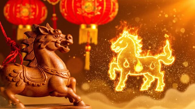 Two horse figures, one a detailed statue and the other a glowing fiery silhouette, set against a backdrop of traditional Chinese lanterns.