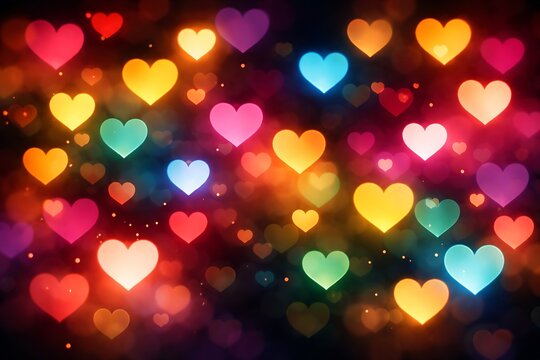 Colorful hearts glowing in the dark background, vibrant love and affection concept