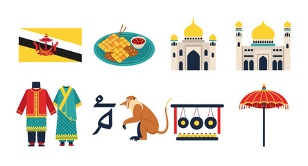 Obraz premium Brunei cultural symbols and landmarks collection with flag, food, clothing, and architecture