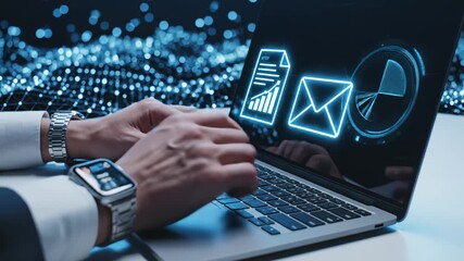 Person typing on laptop with digital icons - Powered by Adobe