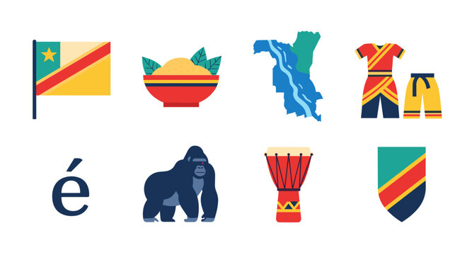 Republic of the Congo symbols including flag, food, map, clothing, gorilla, drum, and coat of arms