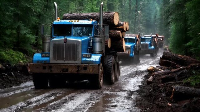 Deforestation. Environment conservation. Ecosystem. A large blue truck with a large stack of logs on its back driving through a muddy forested area. The truck is on a muddy path.