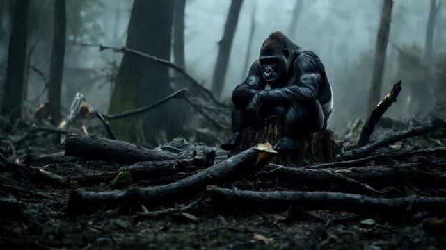 Deforestation. Environment conservation. Ecosystem. A contemplative gorilla sits on a tree stump in a misty forest setting. The gorillas posture is relaxed.