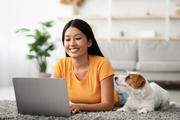 Loyal dog looking at its female owner using laptop at home, jack russel terrier puppy laying by...