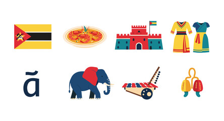 Naklejka premium Mozambique cultural symbols and national emblems in a flat design collage