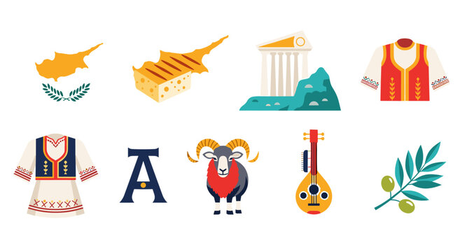 Cyprus cultural symbols and landmarks collection, a vibrant illustration of national heritage