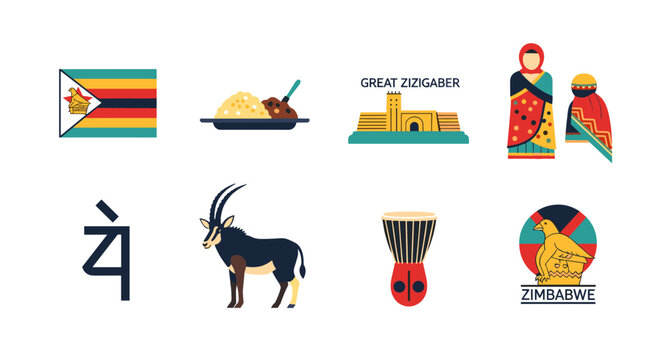 Zimbabwean culture and symbols collection with flag, food, landmark, and wildlife