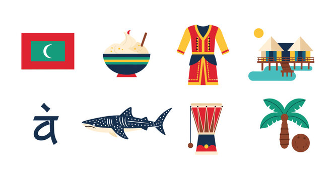 Maldives icons: flag, food, clothing, resort, script, shark, drum, and palm tree