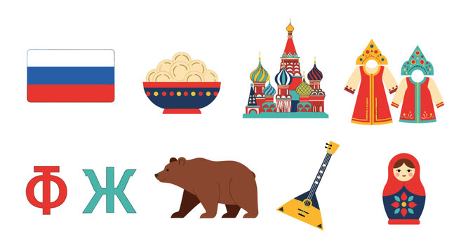 Collection of Russian cultural symbols and landmarks on a white background