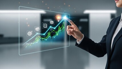 Business professional interacting with futuristic digital graph and icons displaying upward trend and business insights in a modern office environment with sleek technology.