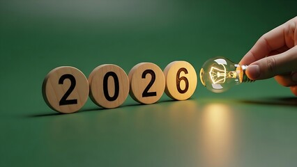 2026 New Year Ideas Illuminated Goals Planning 2026 innovation concept with glowing light bulb and wooden digits on green background