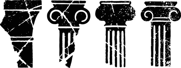 Obraz premium Four distressed vintage greek columns classic architectural details with cracks and wear texture